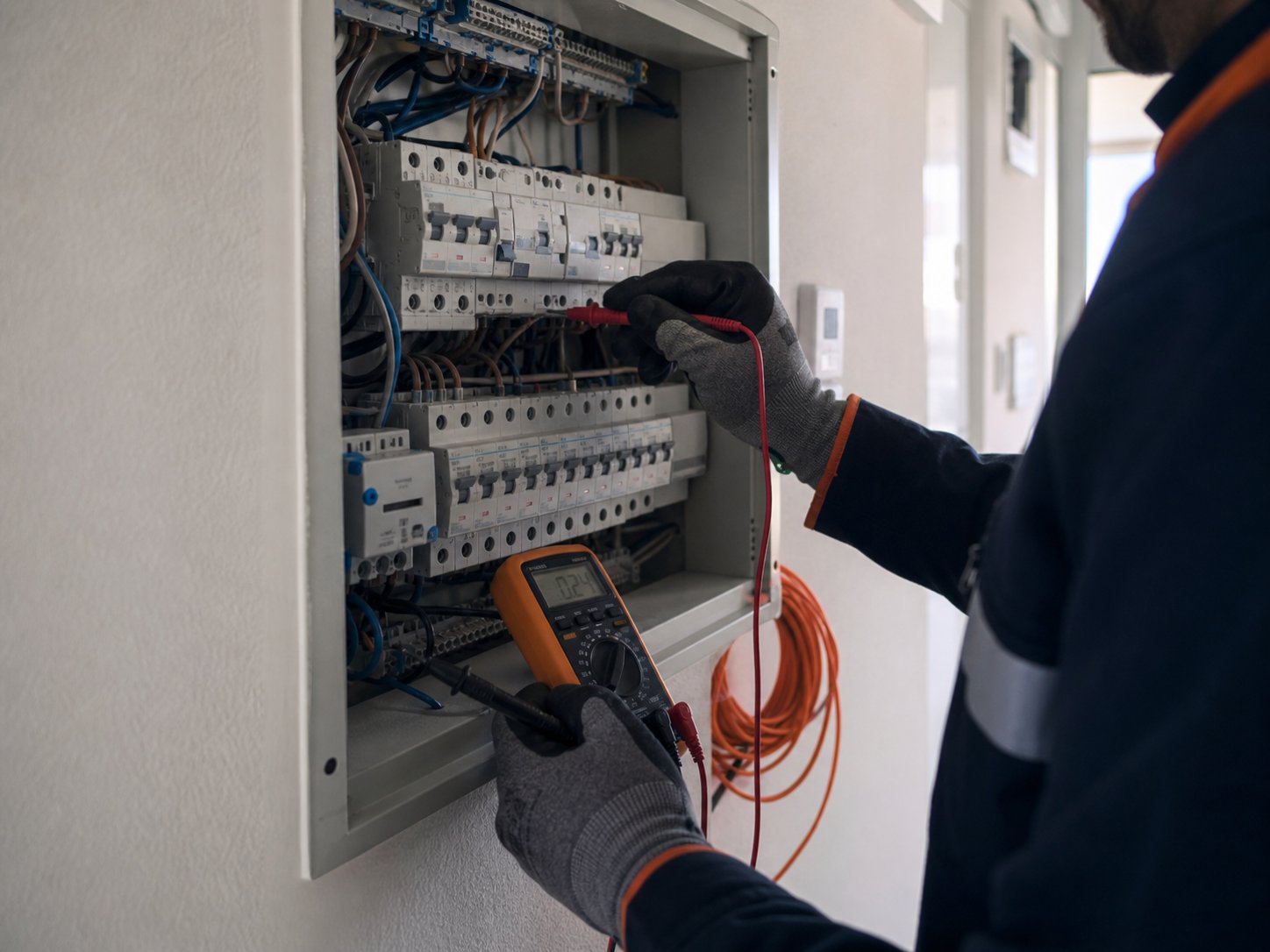 Elektrik panosunda ölçüm yapan teknik uzman